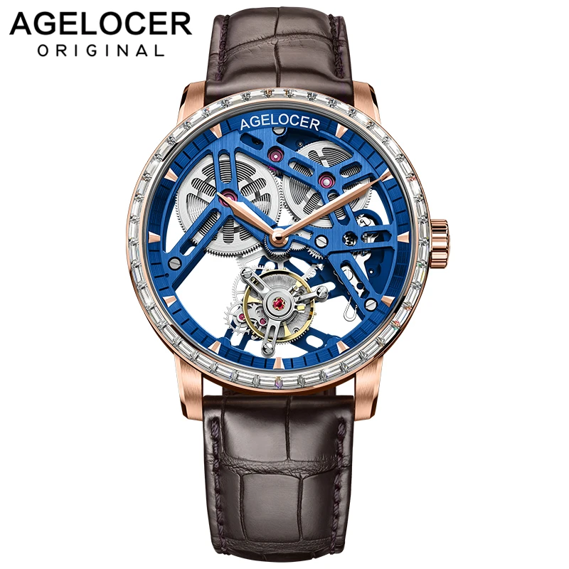 Оригинальные часы AGELOCER Tourbillon мужские с сапфирово голубым скелетонным