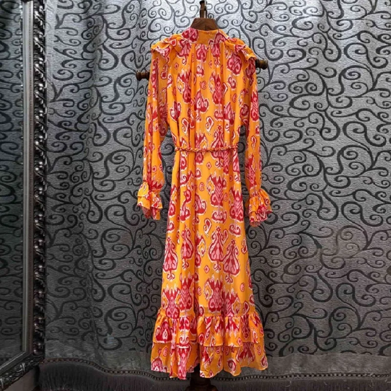 

Elegant Party Vestidos 2020 Autumn Fashion Style Women Boho Print String Belt Patchwork Long Sleeve Casual Beach Yellow Dress