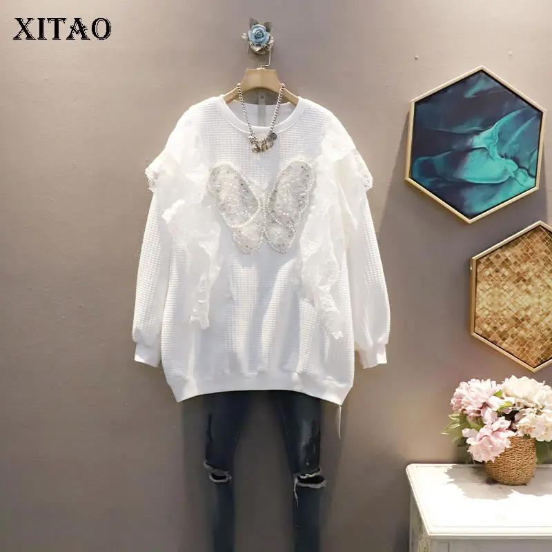 

XITAO New Women Pullover Sweatshirt Heavy Industry Bow Sequins Splicing Lace Edible Tree Fungus Fashion Loose All-match GWJ1302