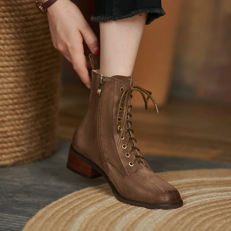 

INS Women Ankle Boots natural leather 22-26cm Waxed pigskin upper Side Zipper Comfortable casual all-match boots Vintage boots