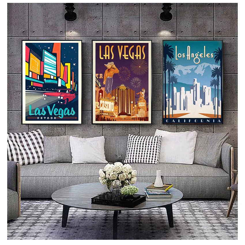 

Poster Canvas Paintings Vintage Wall Kraft Posters Coated Wall Stickers Home Decor Pictures Gift America Las Vegas City Travel