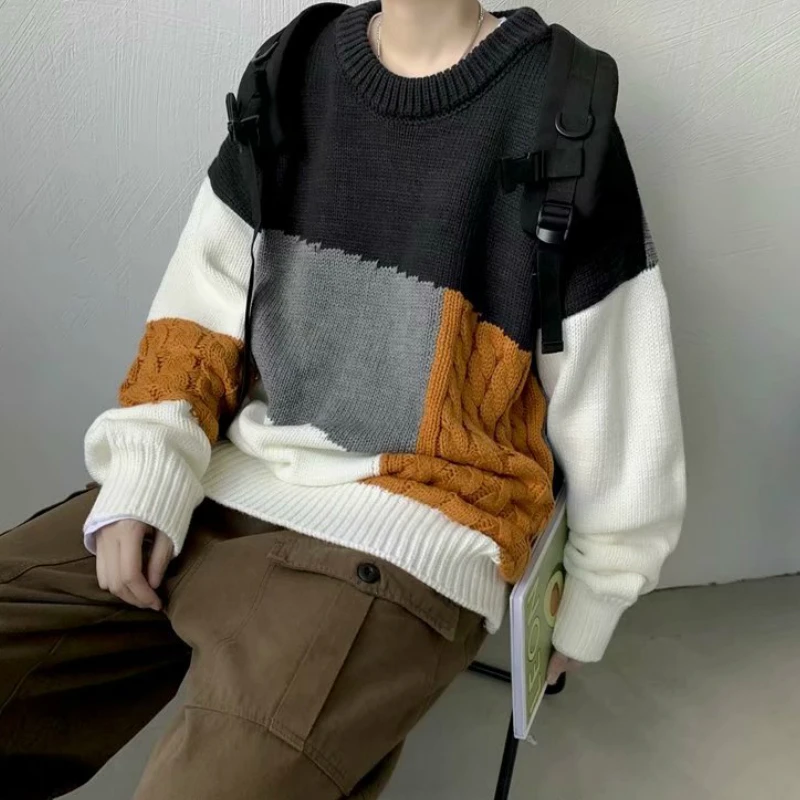 

Men Pullovers Patchwork Long Sleeve O-neck Knitted Contrast Color Twist Sweaters Designed Japanese Style Ins Loose Harajuku Chic