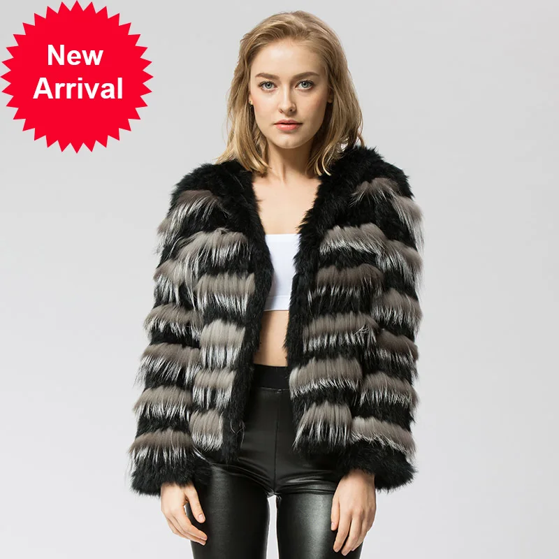 

Новинка, вязаное пальто CR050 из натурального меха кролика и чернобурки, женская модная зимняя теплая шуба с капюшоном