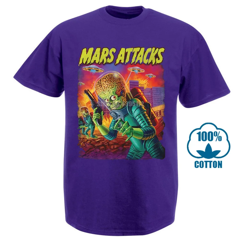 Фиолетовый Mars Attacks Movie Мужская футболка атакующий инопланетянин с блюдцем заполненное небо - Цвет: Фиолетовый