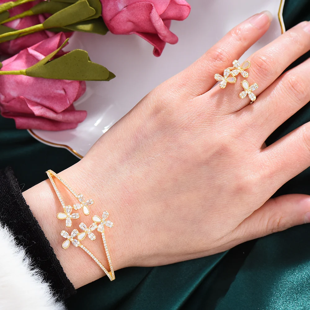 GODKI хип-хоп цветы 2 браслет с несколькими рядами набор колец украшений для женщин