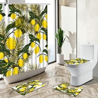 lemon tropical plant leaf shower curtain summer fruit exotic stripe design non slip pedestal rug toilet cover bathroom deco set
