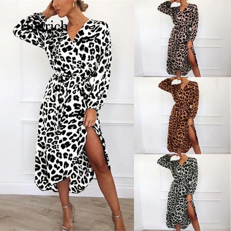 

Leopard Dress 2020 Women Chiffon Long Beach Dress Loose Long Sleeve Deep V-neck A-line Sexy Party Dress Vestidos De Fiesta
