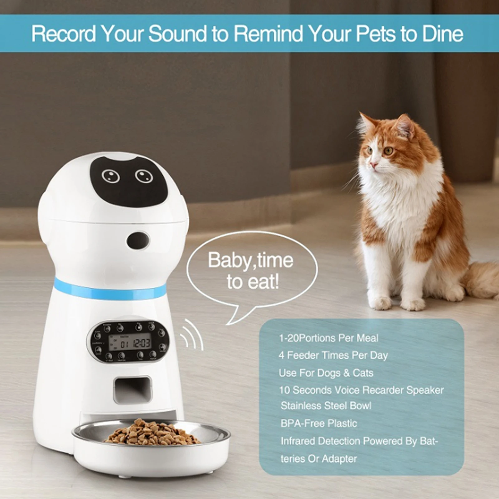 

Automatic Pet Feeder With Voice Record Stainless Steel Dog Food Bowl Auto Cat LCD Screen Timer Food Dispenser 4 Meals a Day