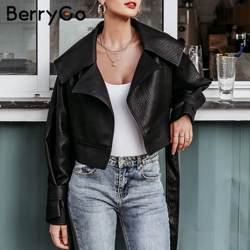 BerryGo Женская куртка из искусственной кожи, пальто с v-образным вырезом и галстуком-бабочкой, мотоциклетная Женская верхняя одежда, Бандажное пальто, высокая уличная Женская Черная Куртка - Цвет: Черный