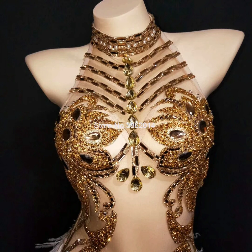 Sparkly Gold Silver Rhinestone Bodysuit Women Sexy See Trough Feather Tail Birthday Party Nightclub Singer Dance Stage costume
