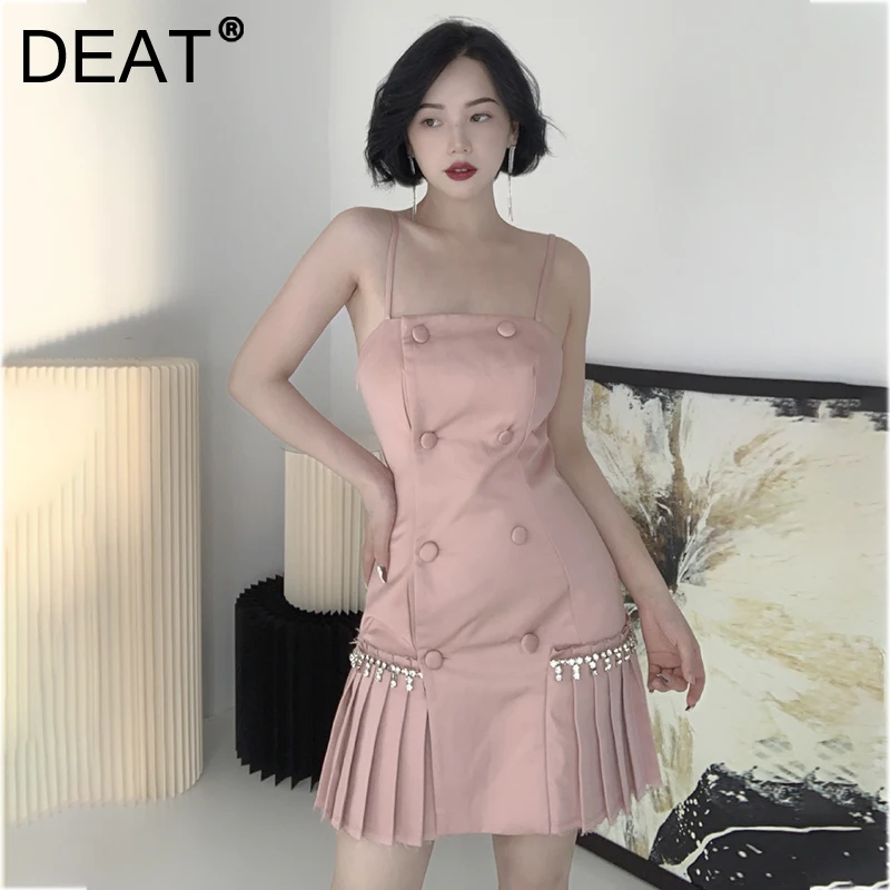 

DEAT 2021 New Autumn Solid Color Suspender Dress Stitching Drill Pleated Hem Fashionable Double Breasted Waist Skirt 7I0582