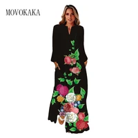 movokaka autumn winter black dress women elegant casual long sleeve flower print long dresses woman party loose maxi dress women