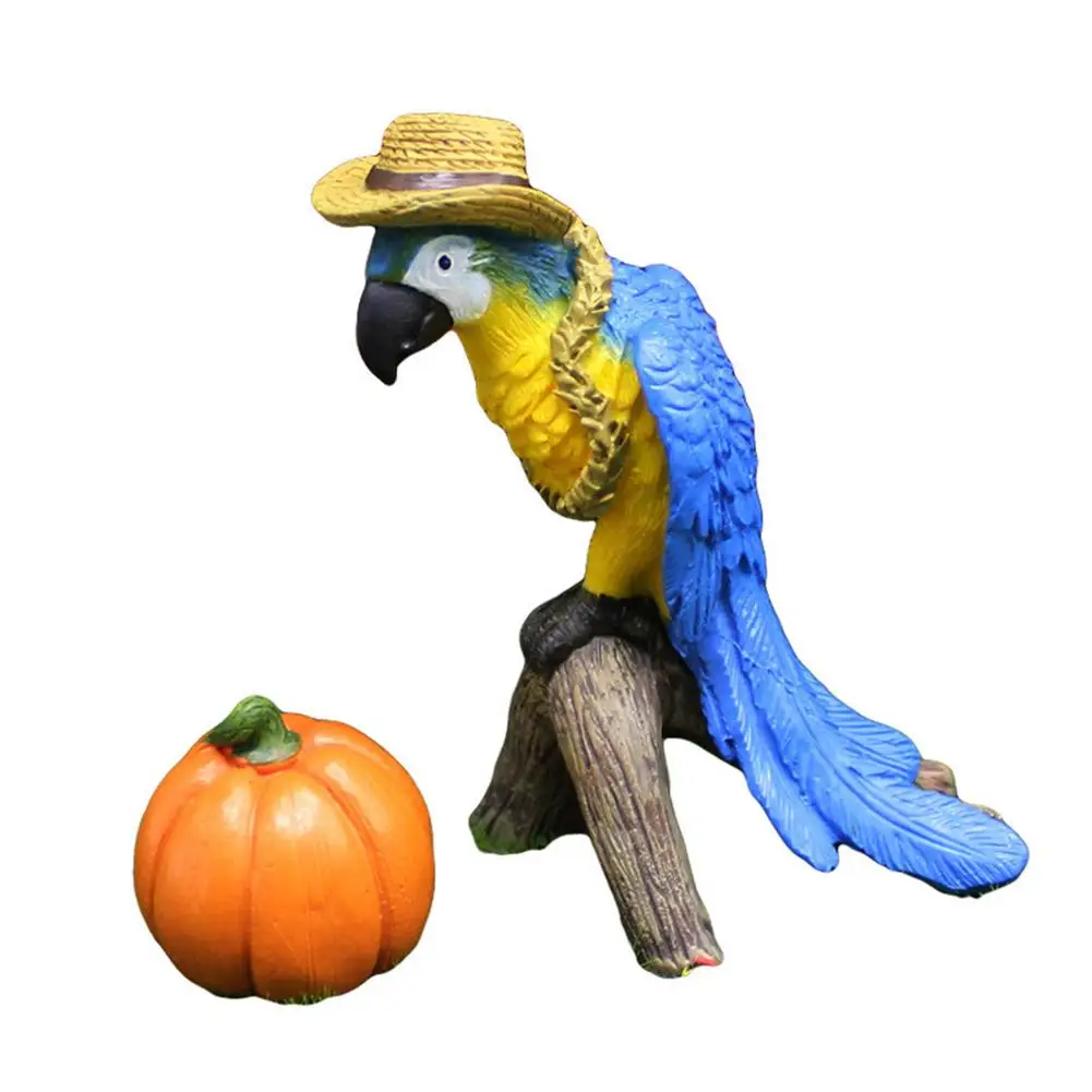 

Resin Parrot Statue Blue Bird Sculpture With Hat Pumpkin Artificial Parrot Figurine For Outdoor Garden Decoration Home Patio