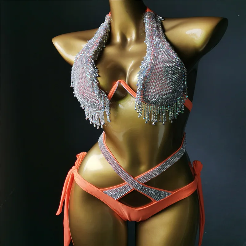 

Sexy Nightclub Bar DJ Pole Dance Adult Women Costume Silver Rhinestones Tassel Bikini Set Model Catwalk Stage Crystal Bra Shorts