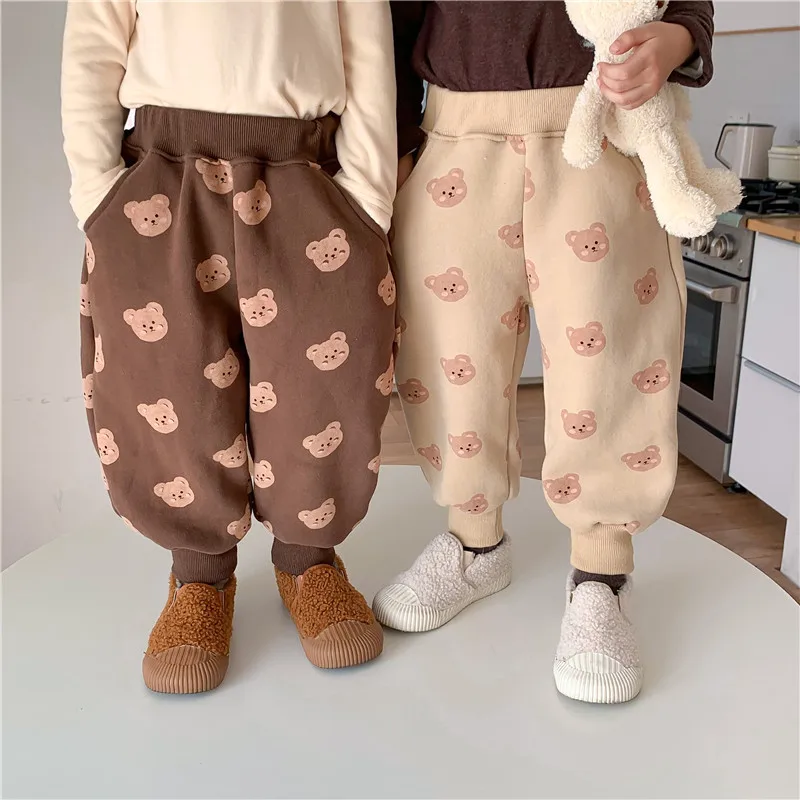 

MILANCEL Kids Clothes Girl Pants Thicken Bear Print Boys Fur Trousers