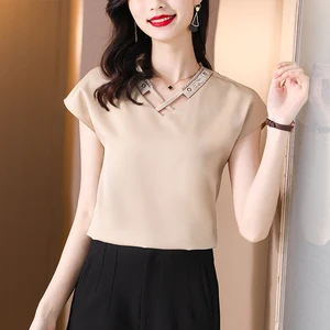 Women's Shirt Summer Blouses for Women Short Sleeve Solid Shirts Women's Clothing 2021 Apricot V-neck Woman Fashion Basic Shirts 10 item image