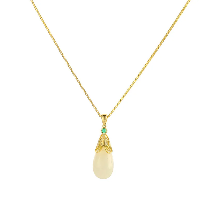 

S925 pure silver inlaid natural Hetian jade necklace female water drop safety clasp pendant simple temperament versatile clavic