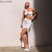 sexy crop top side split long skirts two piece set women twist one shoulder 2 piece sets summer white party clothes 2021