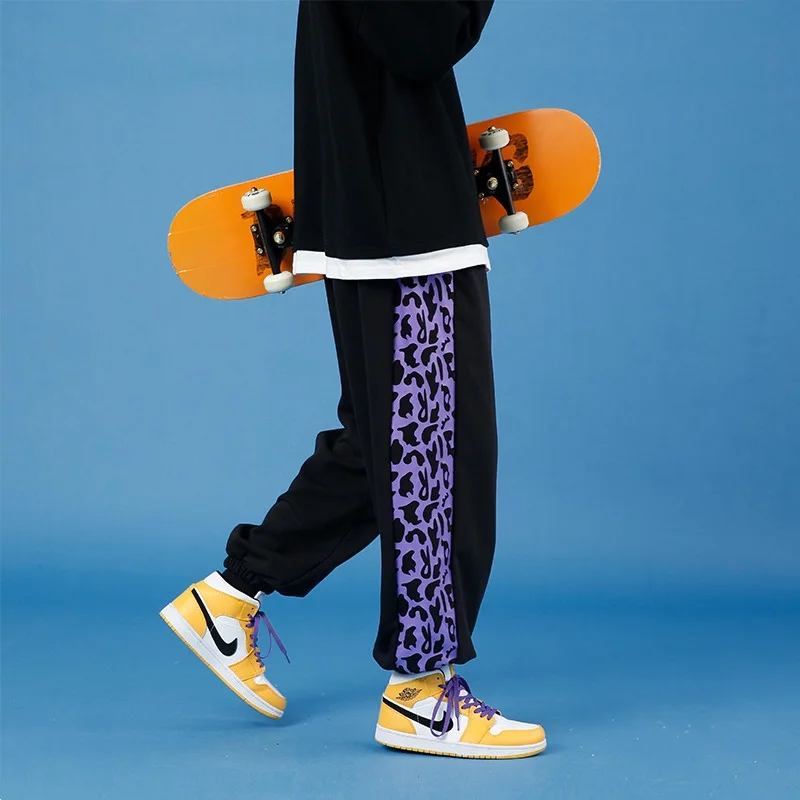 

Summer Fashion Mens Leopard Print Stitching Sports Pants Loose Trend Trousers Spring Straight Black Nine-point Pants -40