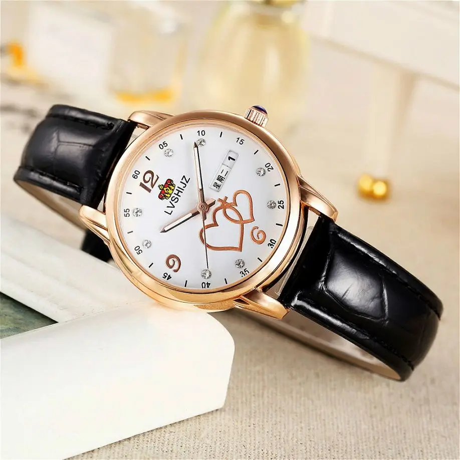 

New Watch Women's Double Calendar Week Leather Strap Watch Female Student Luminous Fashion Women's Waterproof Quartz Watch