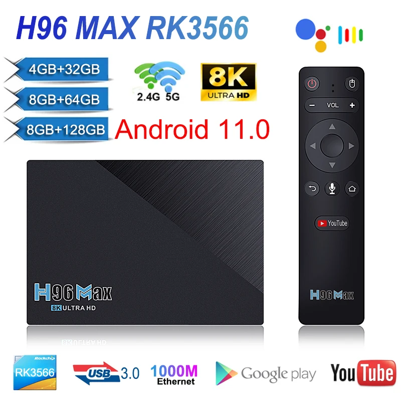 

ТВ-приставка H96 Max на Android 11, приставка смарт-ТВ с поддержкой RK3566, 2021G, 2,4 Wi-Fi, BT 5G, 4 Гб, 32 ГБ, 8 ГБ, 64 Гб, поддержка 8K, Google Play, Android 4,0, 11,0