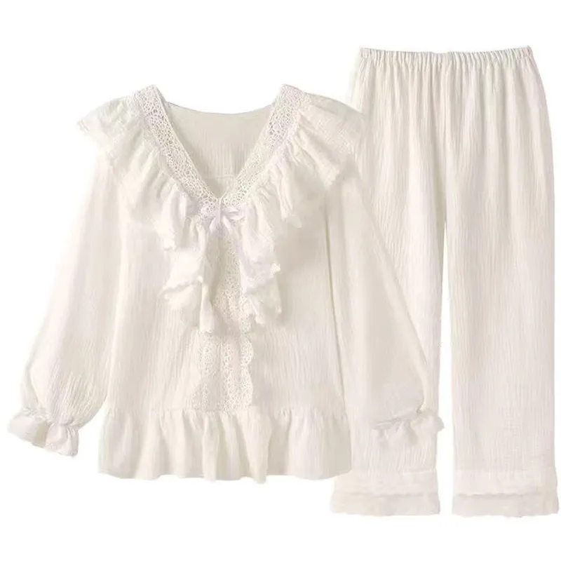

Lace Pajamas Set Women Sweet Princess 100% Cotton Pyjamas Full Sleeve Palace Autumn 2Piece/Set Home Casual Sleepwear