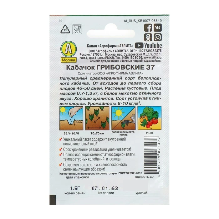 Seeds of Zucchini white-fruited Gribovskie 37 Leader . 1.5 g. 1731697 Garden Sowing Supplies vegetables Botany Flowers Home | Дом и сад