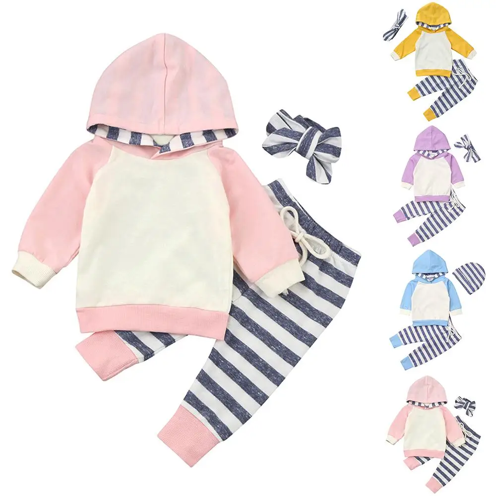 

Baby Kids Girls Striped Patchwork Long Sleeve Hooded Pullover Tops Pants Headband Outfits