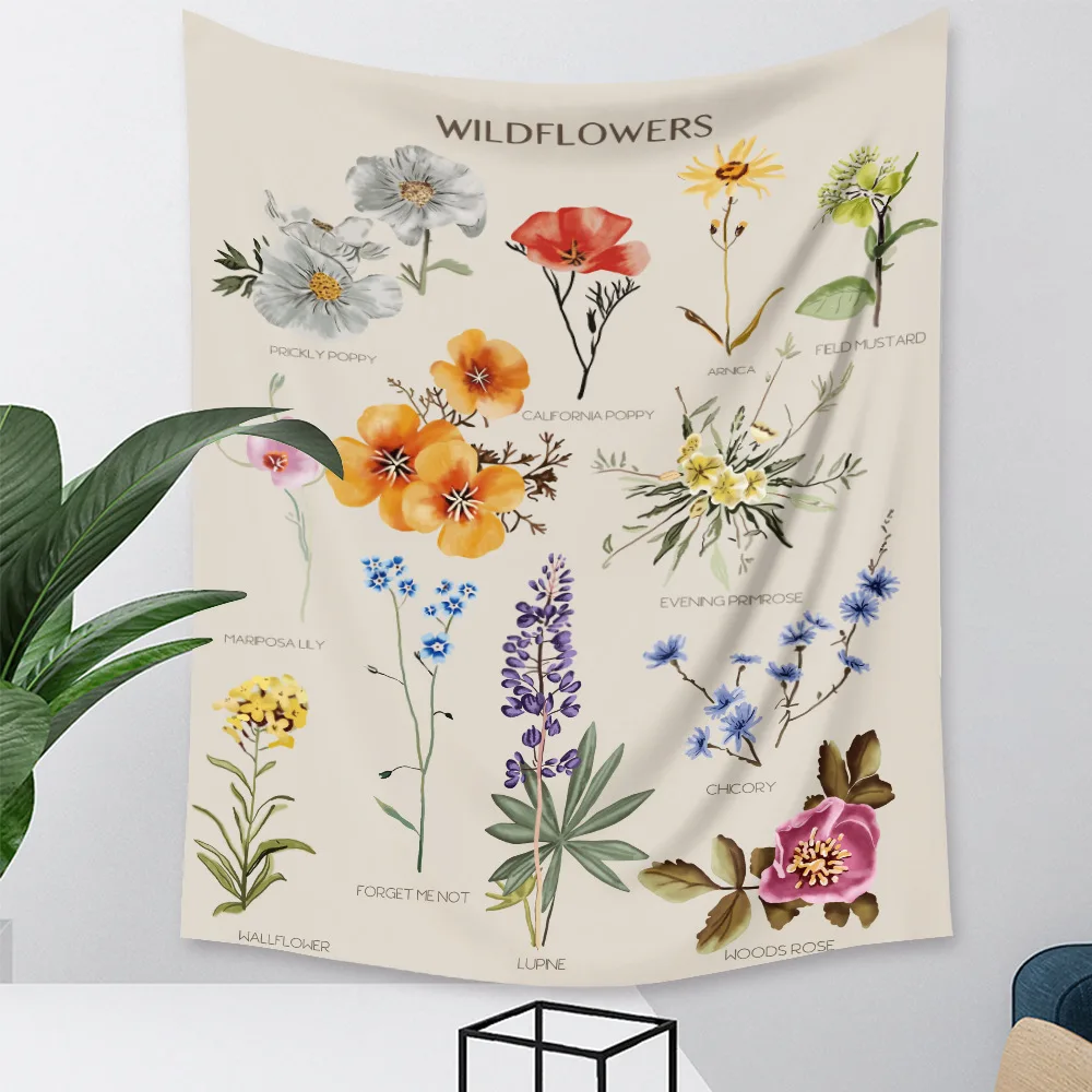 

Botanical Wildflower Tapestry Aesthetic Vintage Wall Hanging Flower Reference Chart Bohemian Psychedelic Hippie Bedroom Decor