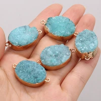 natural blue druzy stone pendant connector charms oval gilt edge pendant connector for making diy bracelet accessories 20x33mm