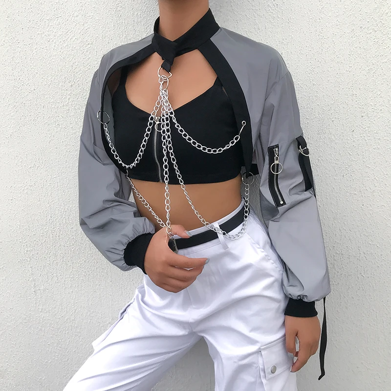 Женская готическая куртка большого размера светоотражающая на молнии с цепочкой