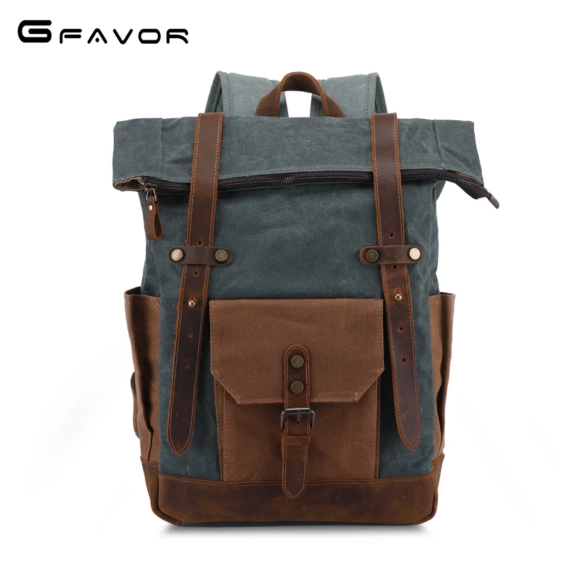 vintage stylish outdoor Camping hiking waterproof waxed canvas leather bagpack backpack back pack rucksack bag