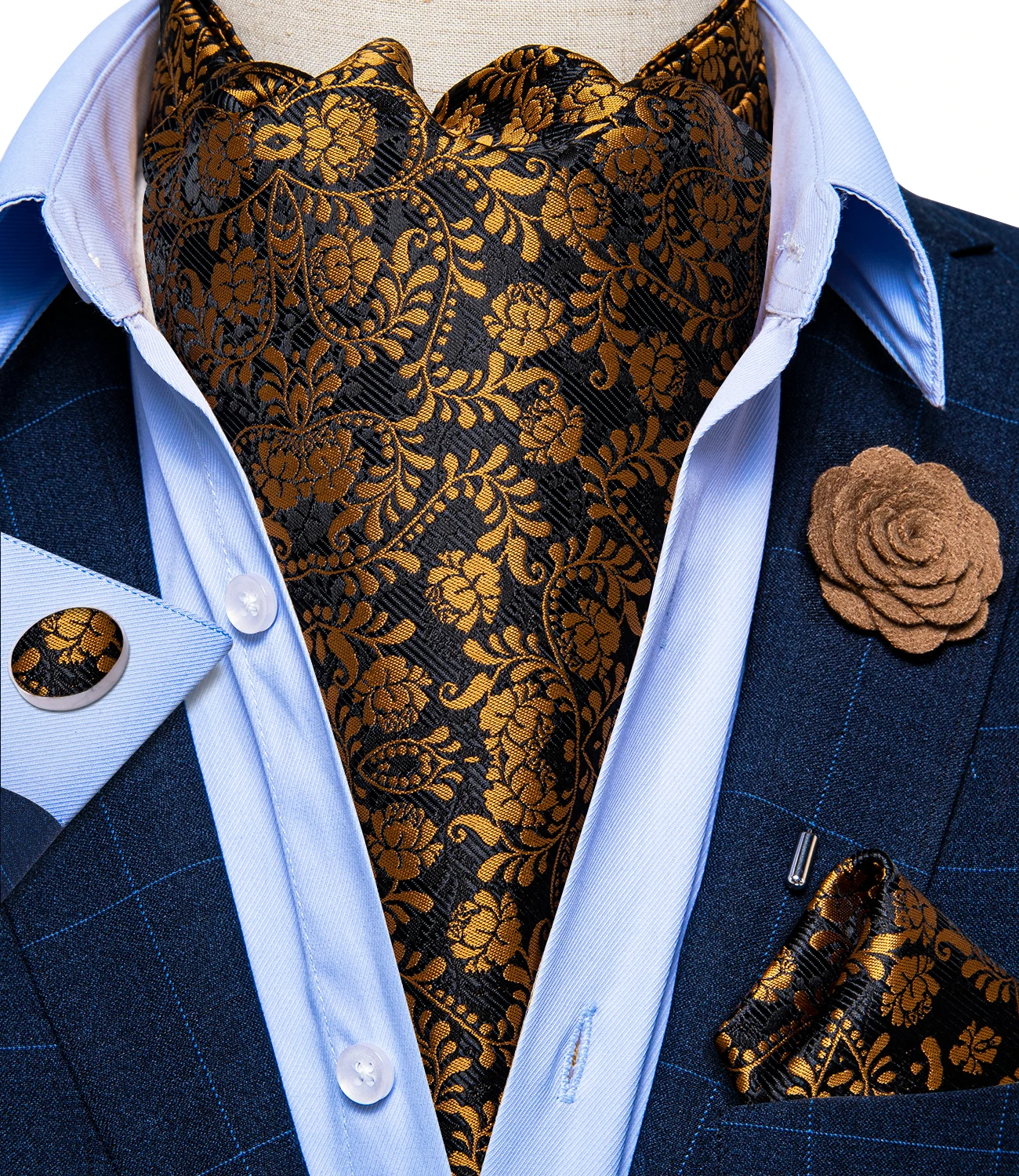 

Men's Vintage Silk Ascot Cravat Tie Brooch Handkerchief Cufflinks Set Formal Wedding Party Cravat Gold Floral Necktie DiBanGu
