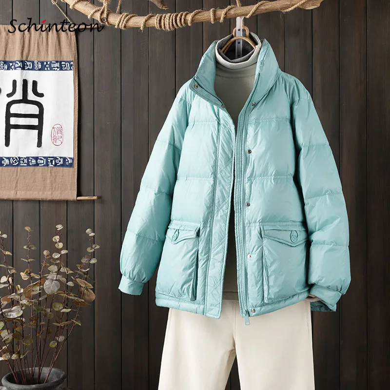 

Schinteon Women White Duck Down Jacket Solid Color Loose Casual Winter Warm Outwear Stand Collar Fashion Coat High Quality New