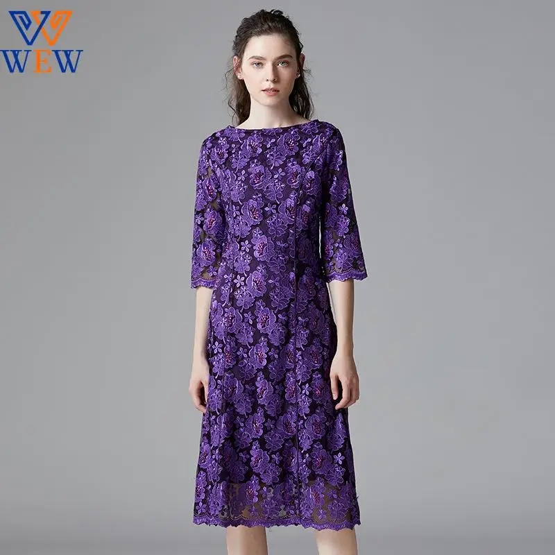 

2021 autumn winter new arrival vintage style long lace female dress purple color plus size loose luxury evening party dresses