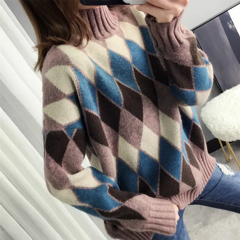 

New Fashion Sweaters for Women 2020 Fall Winter Woman Clothes Half Turtleneck Plaid Knitted Pullovers Loose Korean Jumper