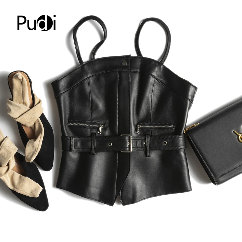 

Pudi Women Genuine Leather Jacket Vest Waistcoat Bra 2021 Spring Female Real Sheep Leather Jackets Coats CT109