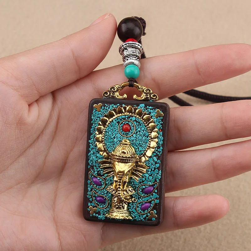 

2021 Ethnic Hand-made Thangka Ebony Pendant Sweater Chain Elephant God Bagua Brand Necklace Exotic Jewelry