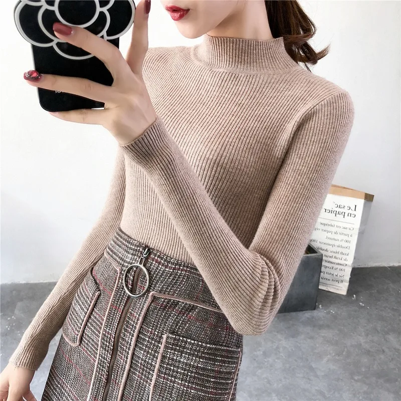 

Women Solid Color Knitted Long-Sleeve Bottoming Tops Ladies Turtleneck Warm Autumn Round Collar Slim Color Casual 8 colors