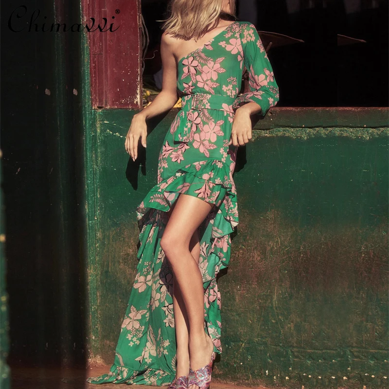 

Fashion Design Diagonal Collar Temperament Printed Dresses Women Irregular Hem Chiffon Dress Elegant French Style Dress Summer