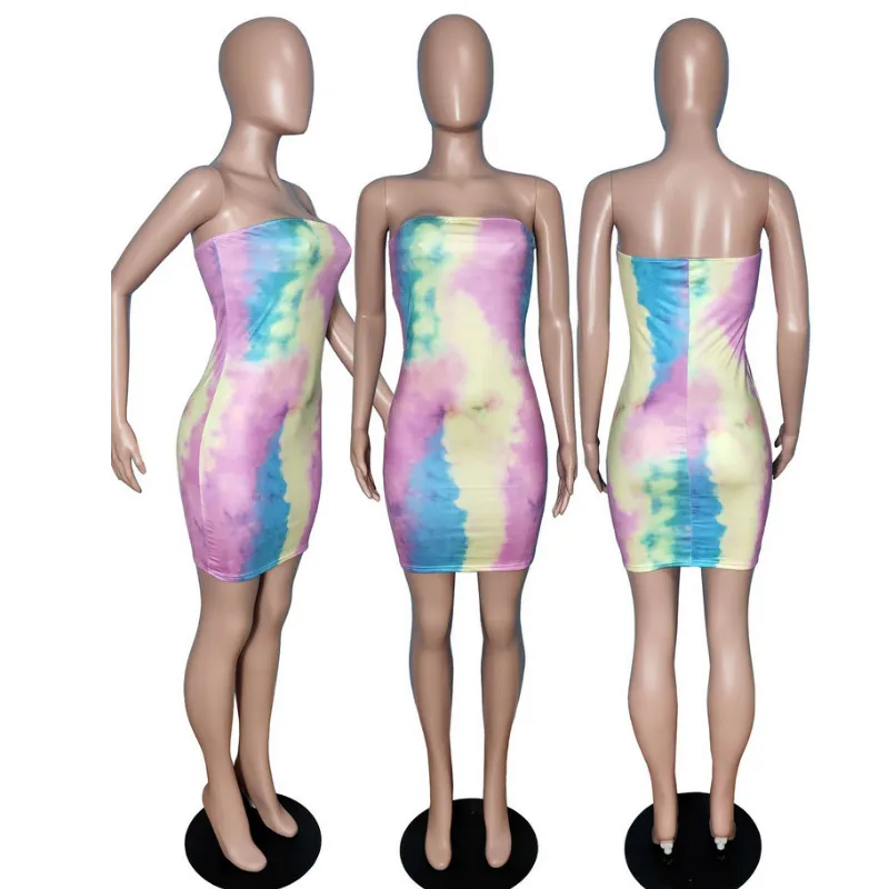

Fashion Women Summer Bodycon Dress Tie Dyed Sexy Strapless Off Shoulder Skinny Clubwear Mini Dress Bandaeu Party Vestidos 2020
