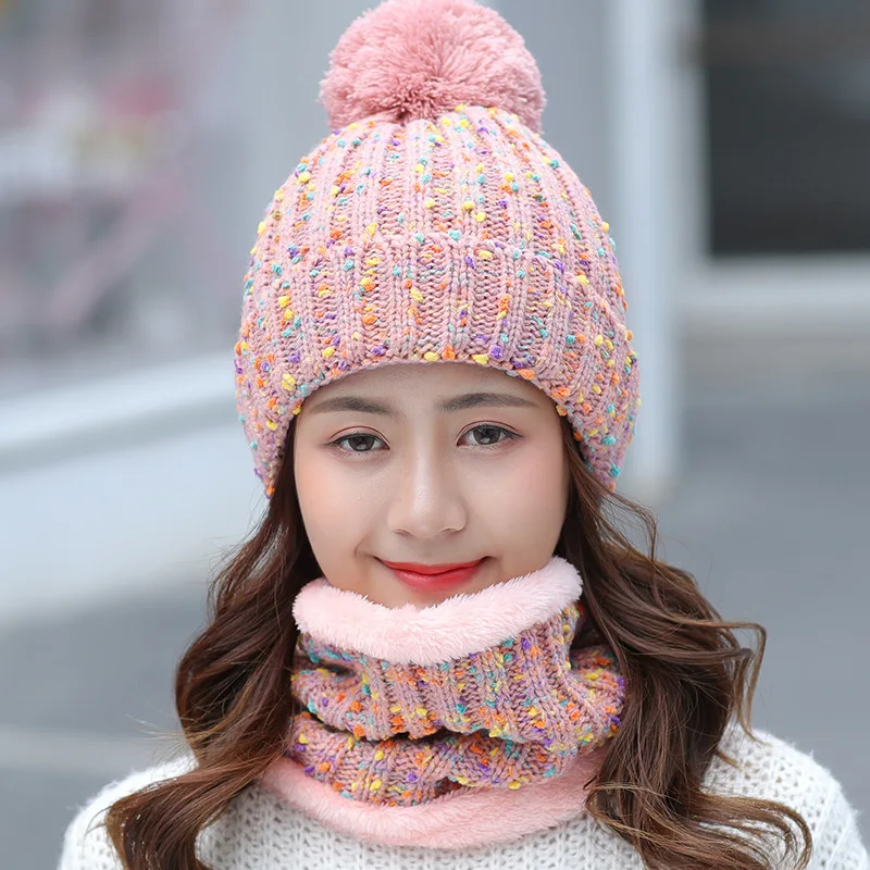 pink Fashion Winter Hat Scarf Set For Women Girl Warm Beanies Cap Lady Ring Scarf Pompoms Winter Hats Knitted Caps Scarf 2 Pieces - Цвет: pink