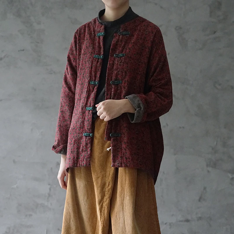Johnature New Retro Plate Buckle Floral Print Cotton Linen Overcoat 2021 Autumn Winter Loose Comfortable Long Sleeve Women Coat | Женская