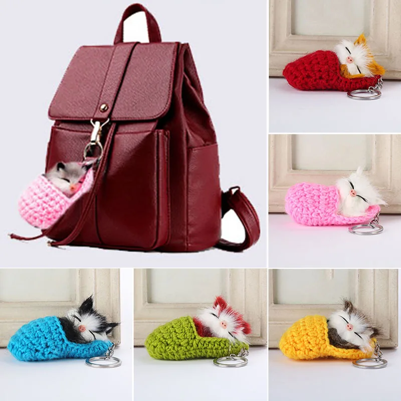 Cute Sleeping Cat Pompom Keychains Women Girls Handmade Woven Slipper Faux Fur Kitten key Rings Fluffy Bag Car Pendants Gift | Украшения и