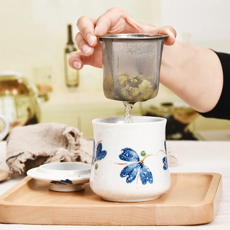 Керамическая кружка с крышкой и фильтром ручная роспись | Дом сад