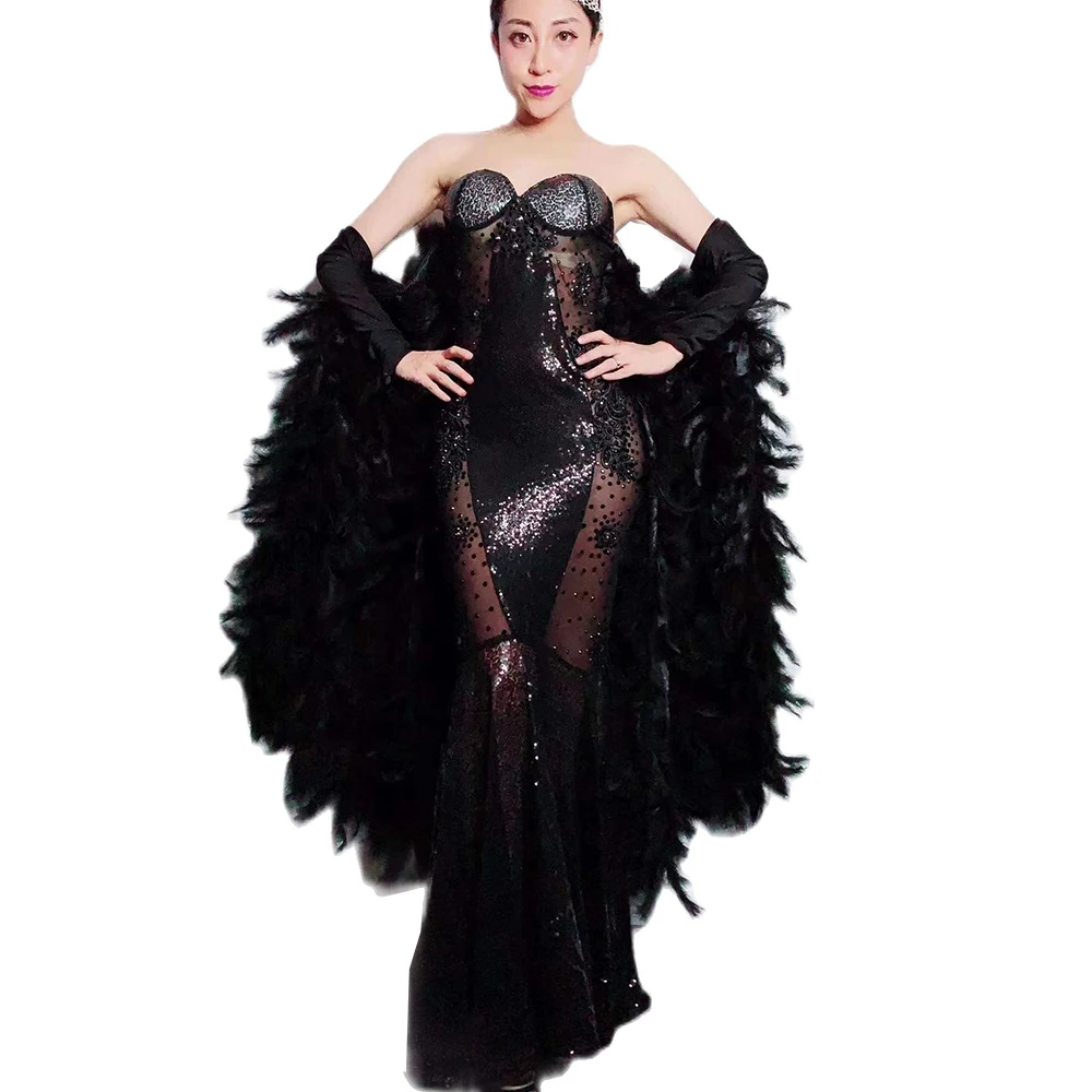 

Black Rhinestones Mesh Gauze Perspective Tube Top Dress Feathers Batwing Sleeve Floor-Length Dress Nightclub Dance Wear Women