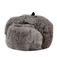 rabbit fur cap man winter genuine 100 fur bomber hat windproof warm earmuffs male flat greyblack russian hat fitted casquette