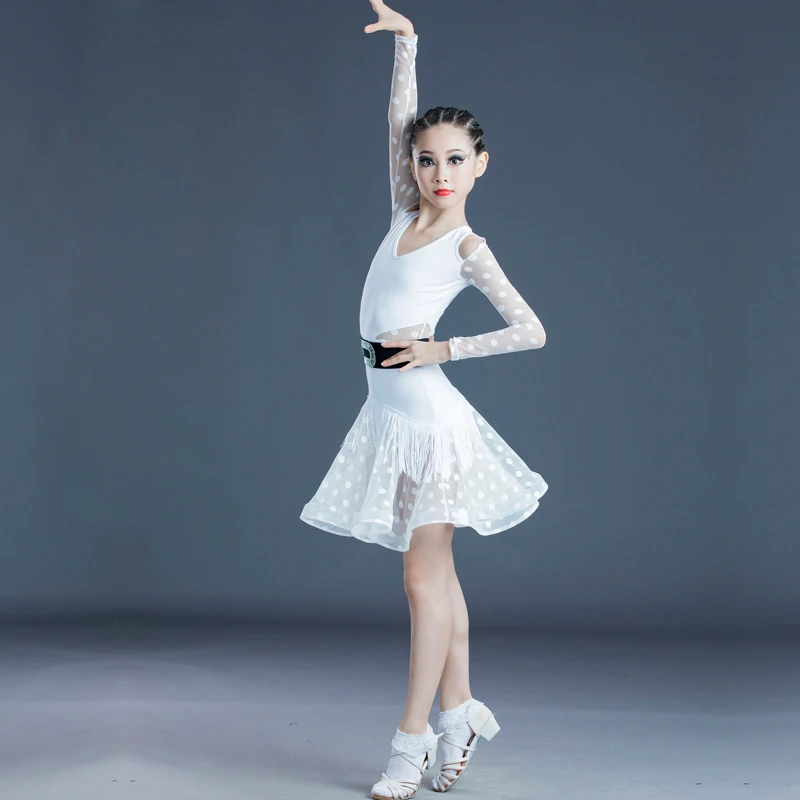 

Children Latin Dance Dress Ballroom Girls Tassel Tutu Lace Long Sleeve Black White Stage Clothing Kids Salsa Samba Dance Costume