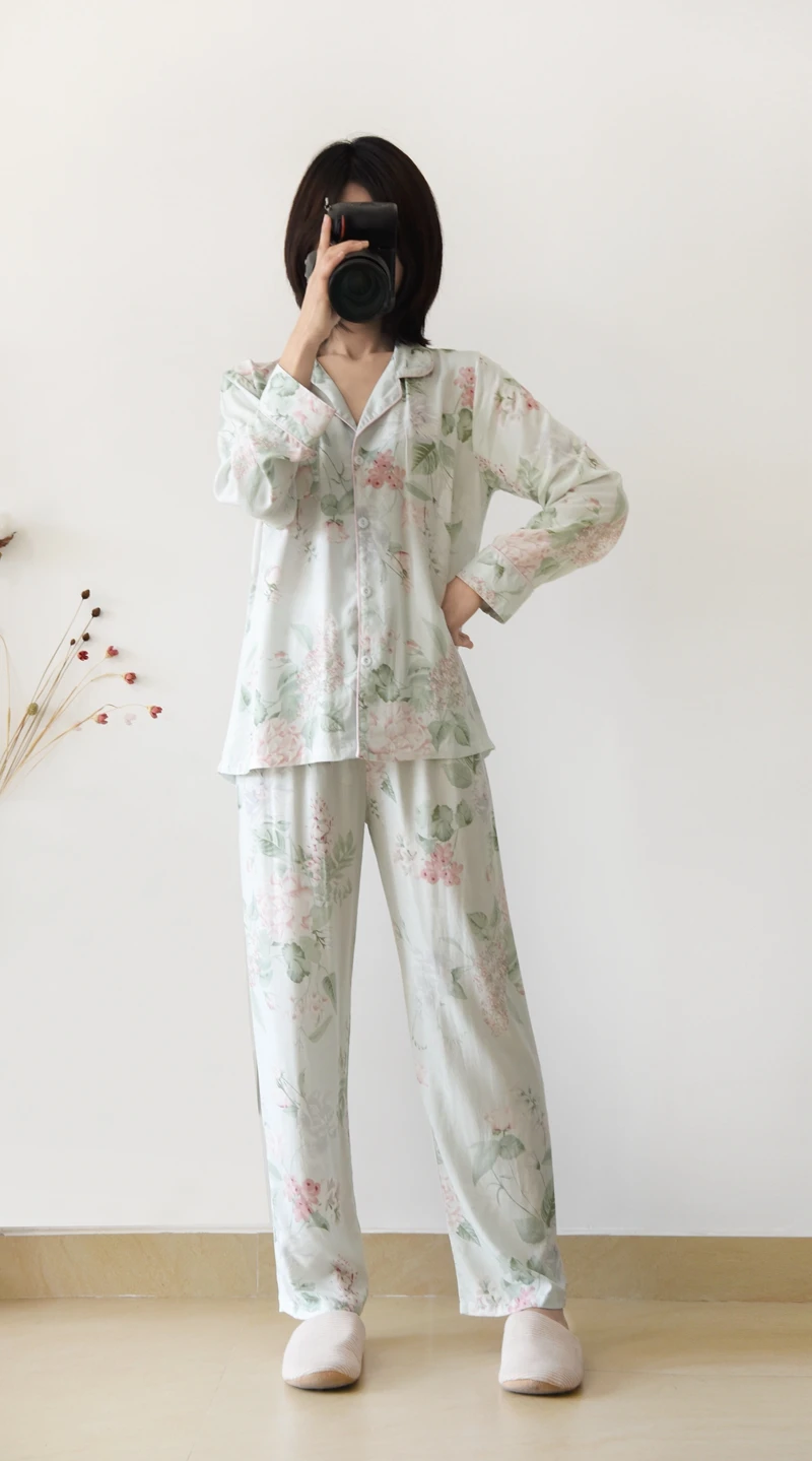 

Japanese style new spring and summer women's pajamas cotton silk long-sleeved trousers suit flower printing home service suit