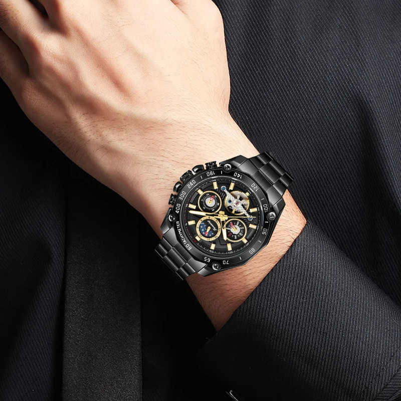 

Forsining Brand Black Male Mechanical Watches Automatic Multifunction Tourbillon Moon Phase Date Racing Sport Steel Band Relogio